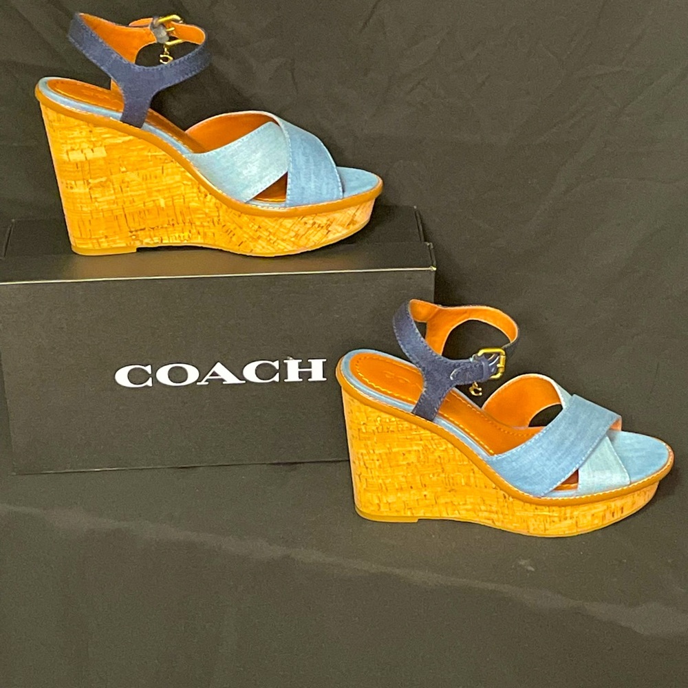 Two tone blue Jean coach wedges